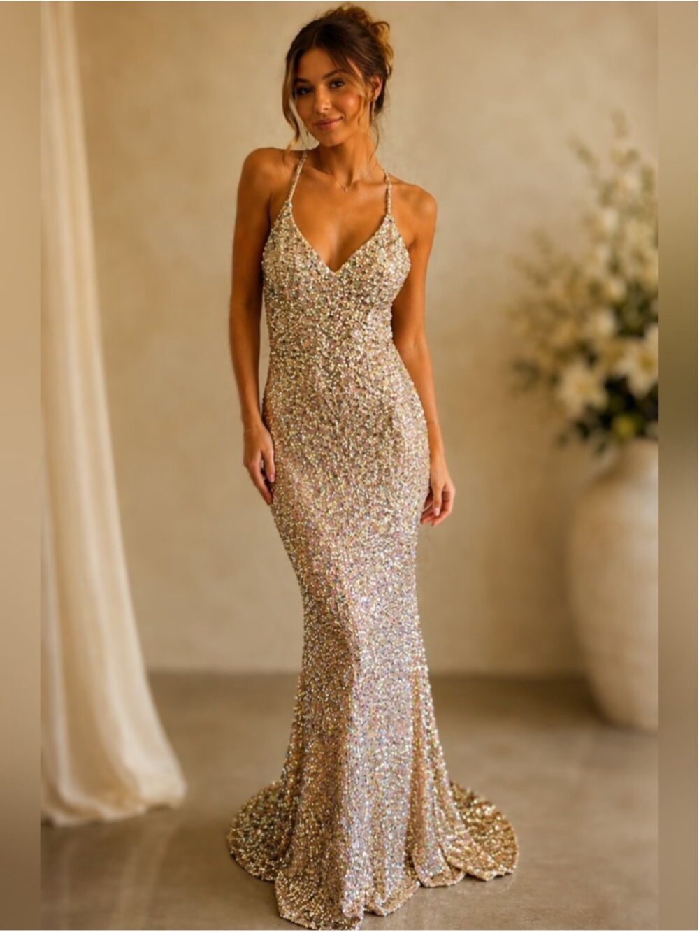 NWT IEENA for Mac Duggal Champagne Iridescent Sequin Mermaid Gown Size 6